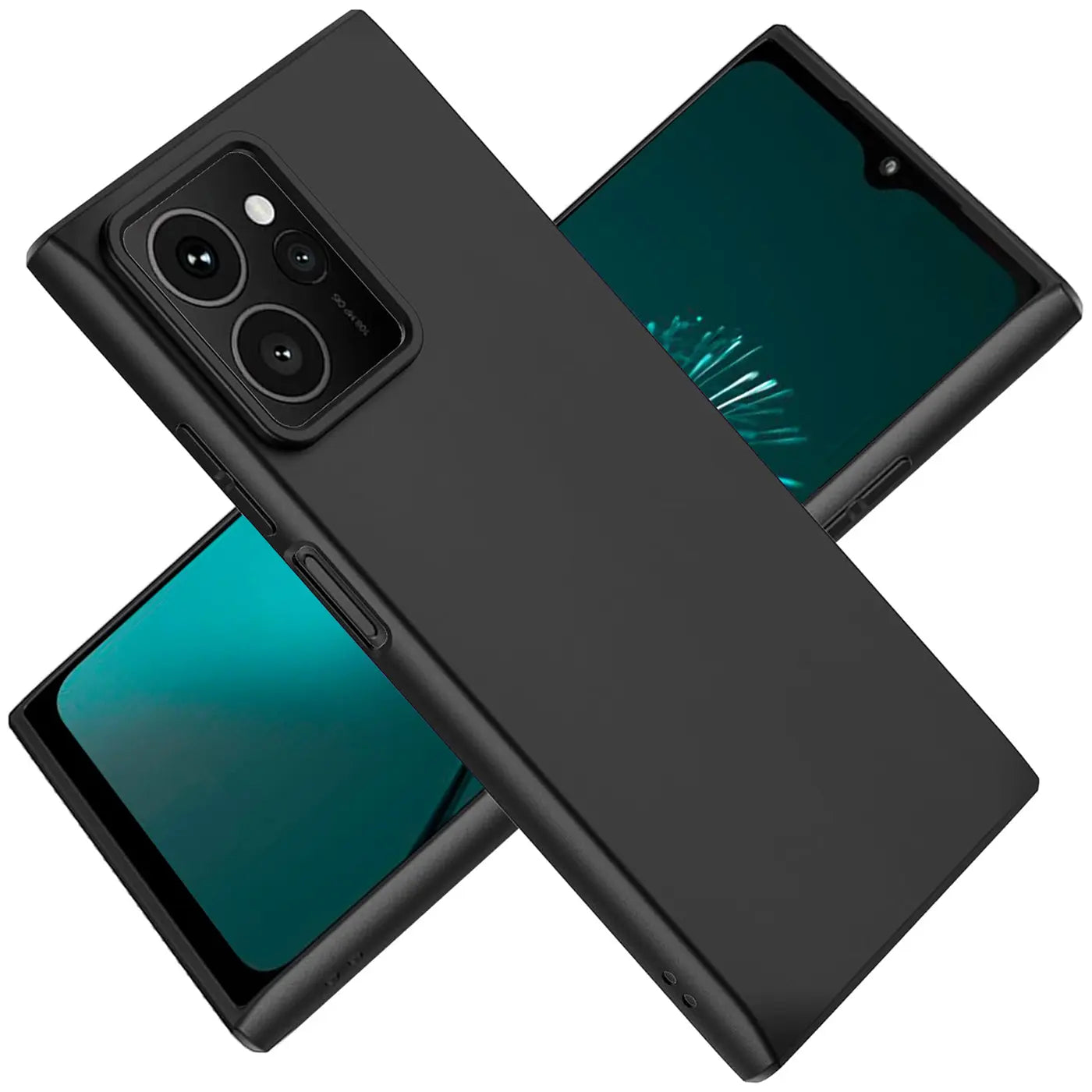 Schwarze Silikonhülle auf Rückseite eines Smartphones, von oben links gesehen.