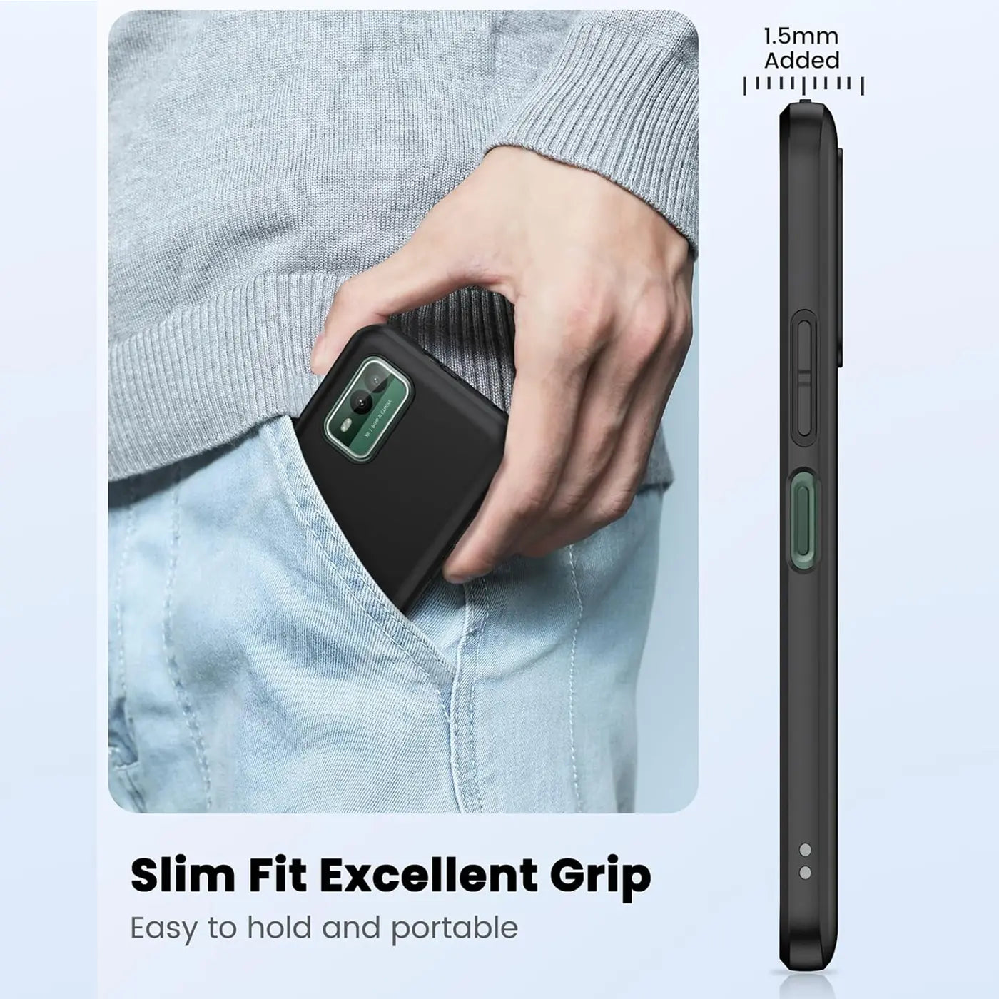 Schwarze Silikonhülle für HMD XR21, seitliche Ansicht, matt, mit grünen Akzenten.