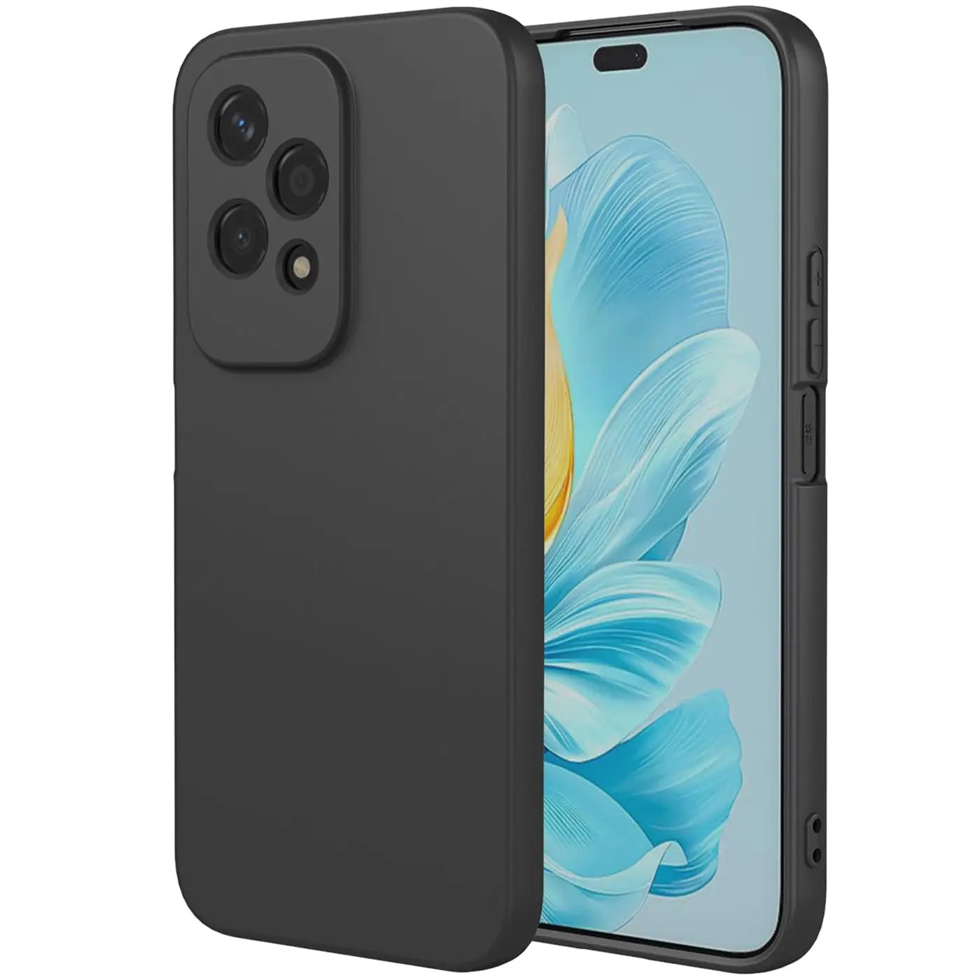 Schwarze matte Silikonhülle für Honor 200 Lite, von schräg vorne gezeigt.