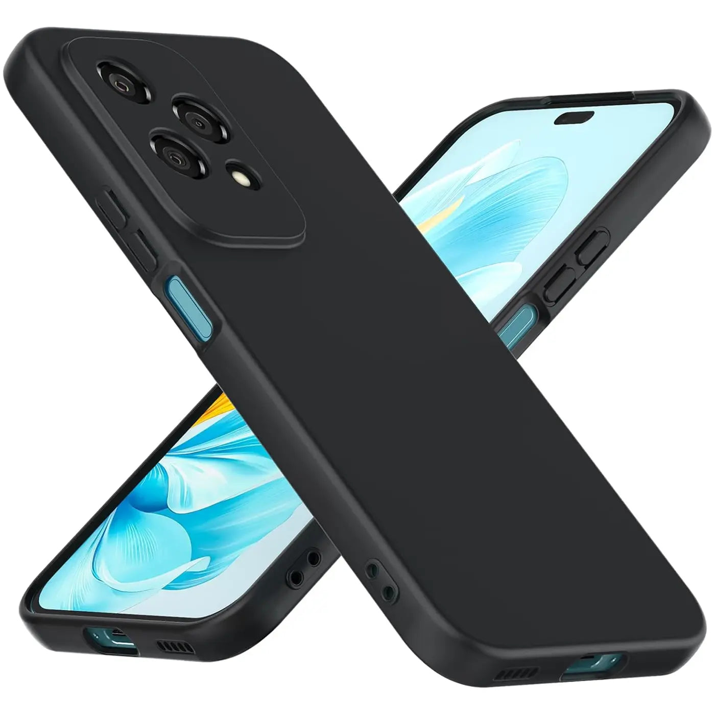 Schwarze matte Silikonhülle für Honor 200 Lite, von schräg oben, mit Display.