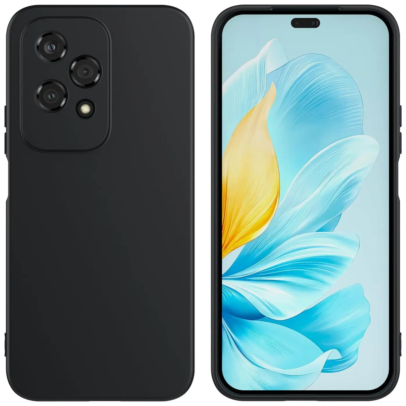 Schwarze matte Silikonhülle für Honor 200 Lite, Rückseite und Vorderseite mit Display.