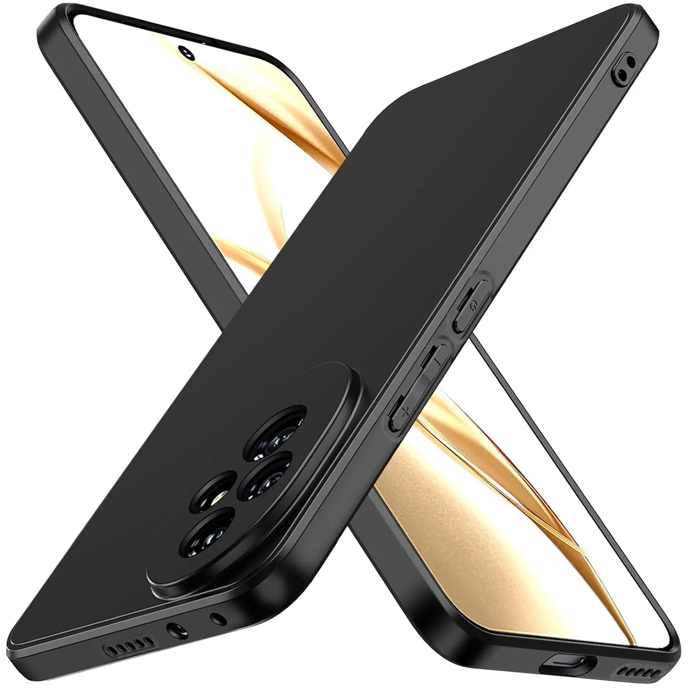 Schwarze matte Silikonhülle für Honor 200 Pro, von schräg oben, Nahaufnahme