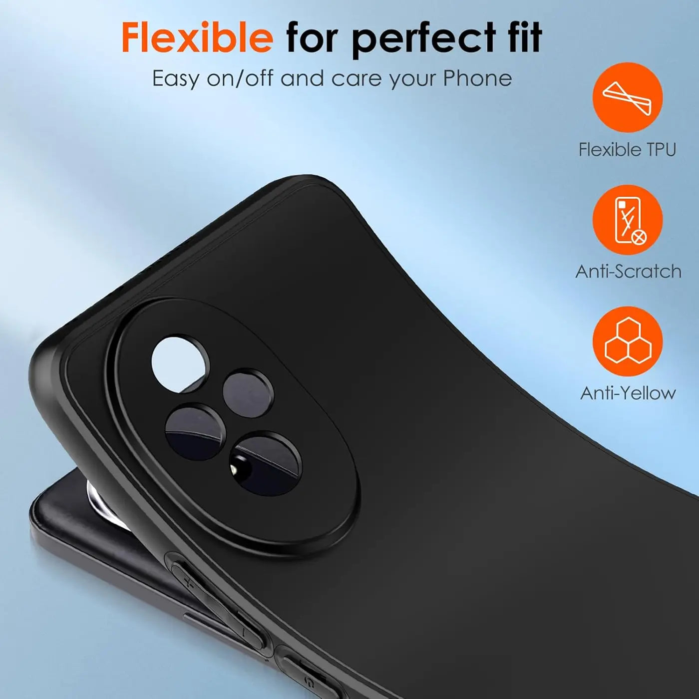 Schwarze, matte Silikonhülle auf einem Honor 200 Pro, Nahaufnahme der Rückseite.