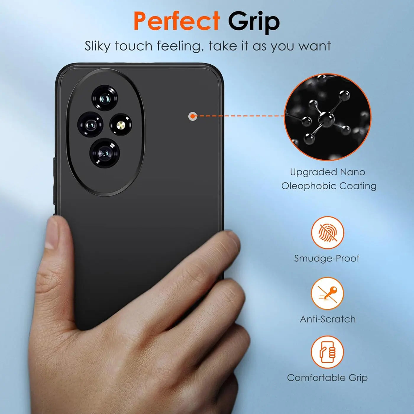 Schwarze matte Silikonhülle für Honor 200 Pro, von hinten gezeigt, von einer Hand gehalten.