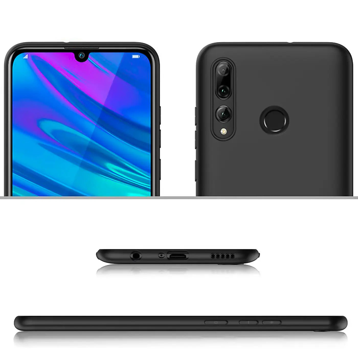 Schwarze matte Silikonhülle für Honor 20 Lite/20E, Vorder-, Rück-, Seitenansicht.