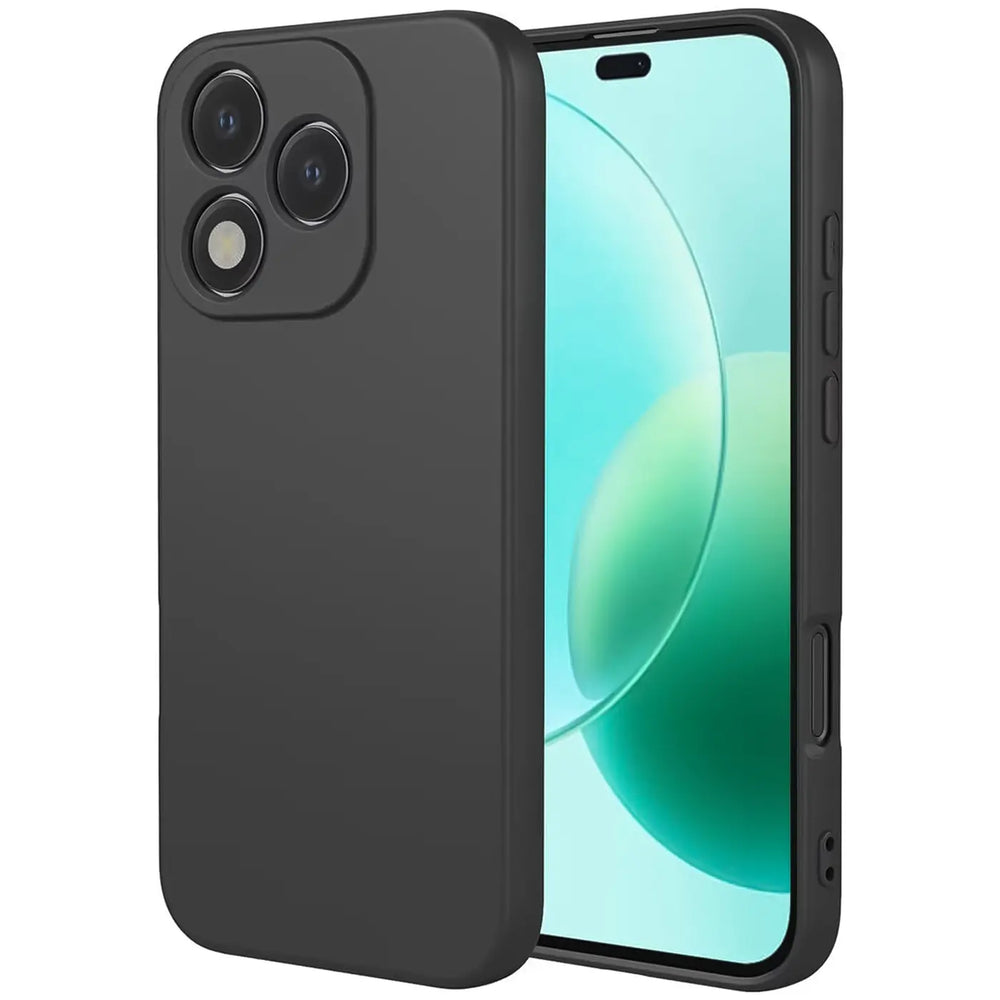 Schwarze, matte Silikonhülle für ein Smartphone, von schräg vorne gezeigt.