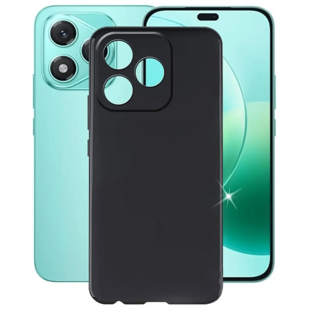 Schwarze matte Silikonhülle, Vorderansicht, mit türkisfarbenem Smartphone im Hintergrund.
