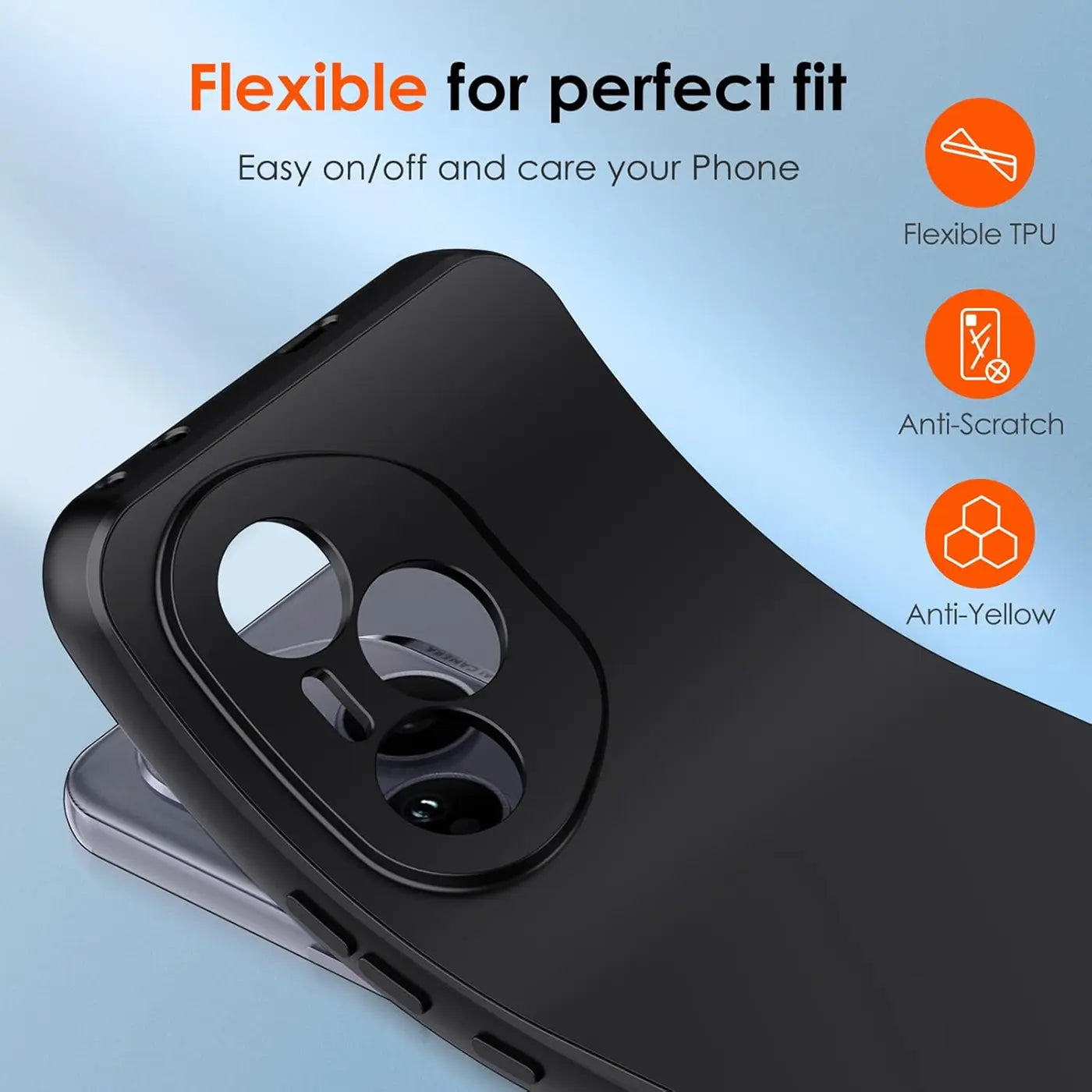 Schwarze, matte Silikonhülle für Honor 400 Pro, Nahaufnahme, Rückseite mit Kameraaussparung