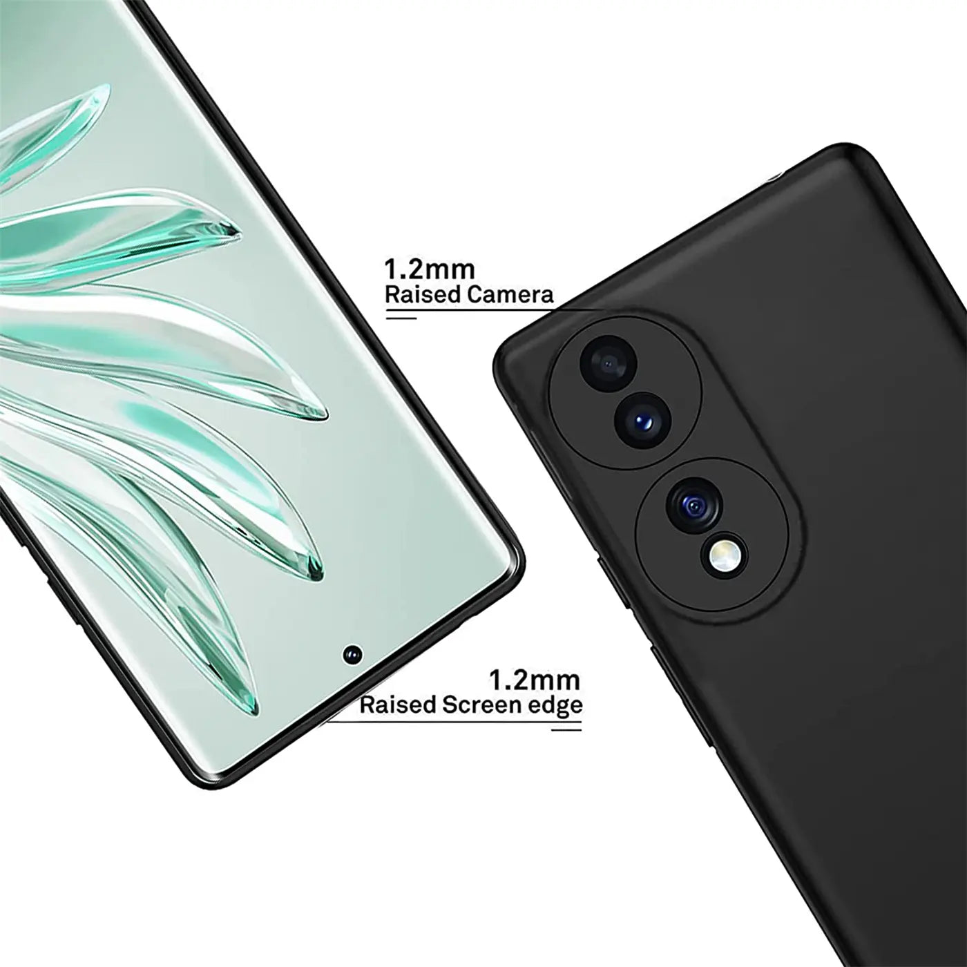 Schwarze Silikonhülle, matt, Rückseite und Display-Rand eines Honor 70 Smartphones.