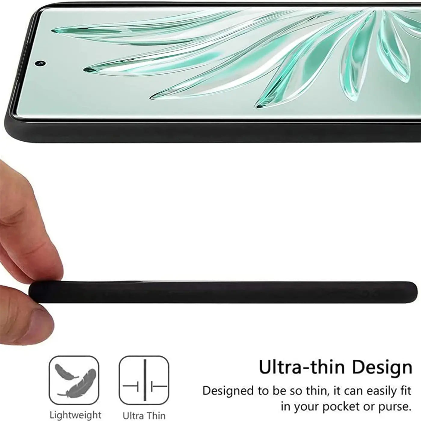 Schwarze, matte Silikonhülle für Honor 70, von der Seite und von oben gezeigt.
