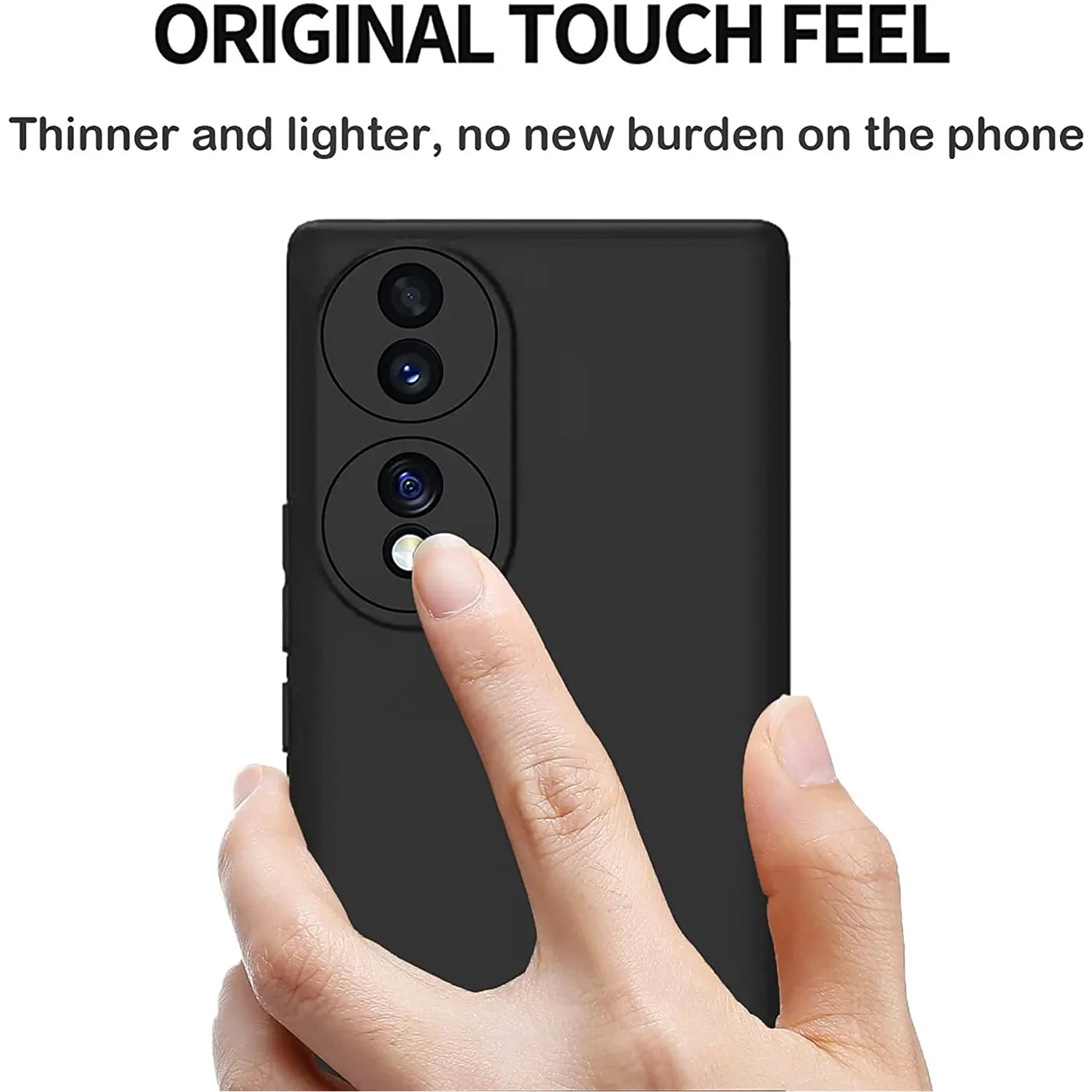 Schwarze Silikonhülle auf Honor 70, Nahaufnahme, Finger berührt Kamera.