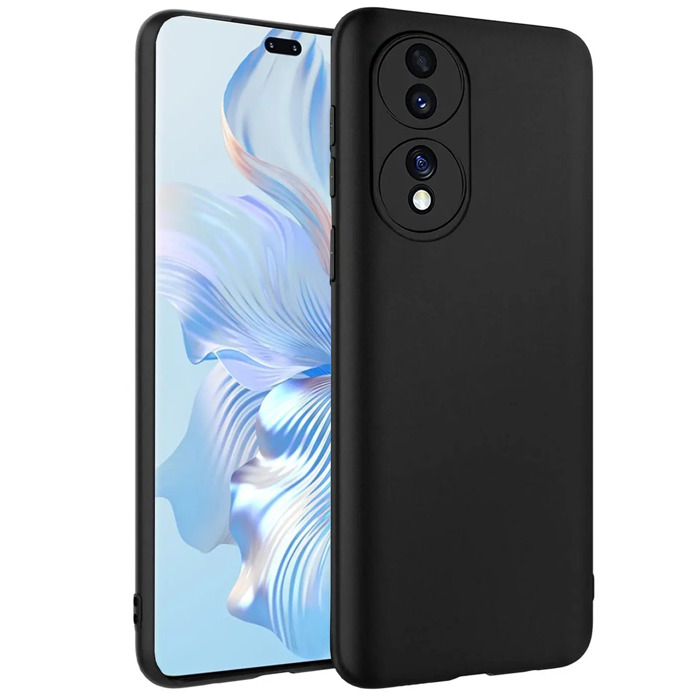 Schwarze matte Silikonhülle auf Honor 80 Pro, Rückansicht, leicht schräg