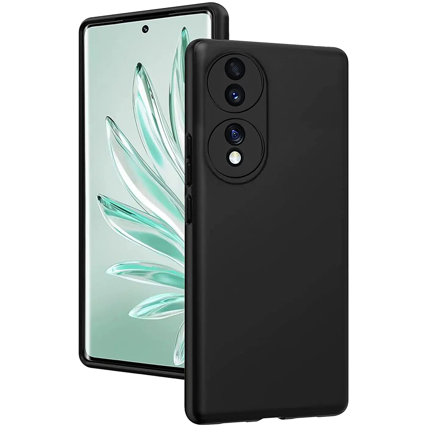 Schwarze Silikonhülle matt, Rückansicht, Honor 80 Smartphone.