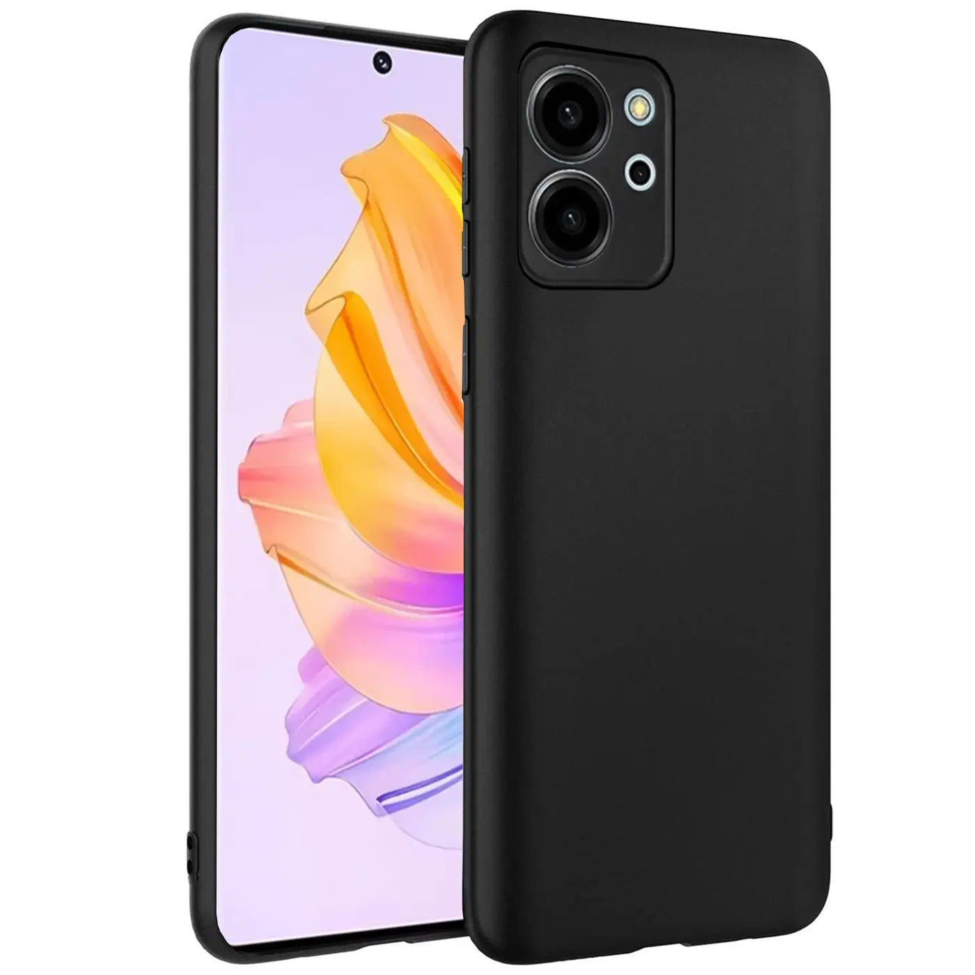Schwarze Silikonhülle matt auf Honor 80 SE, Seitenansicht.