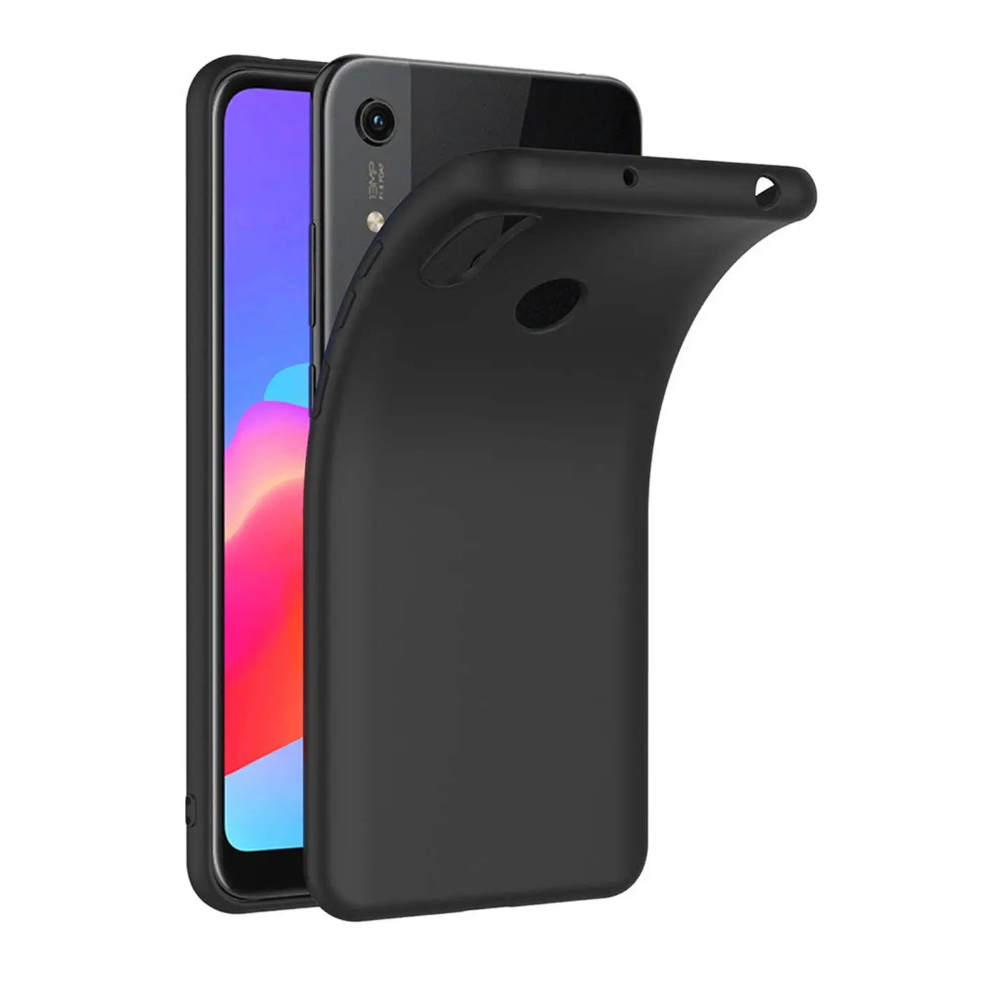 Schwarze Silikonhülle, matt, seitliche Ansicht, zeigt Honor 8A.