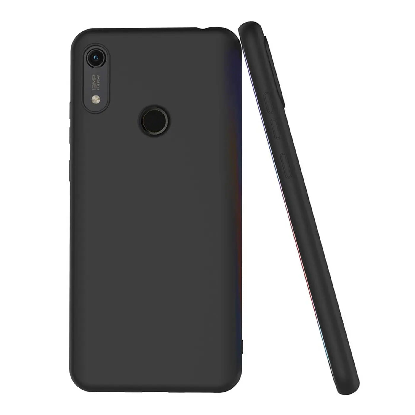 Schwarze Silikonhülle für Honor 8A, Rückansicht & Seitenansicht, matt.