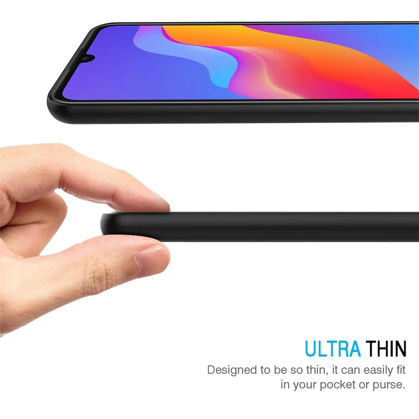 Schwarze, matte Silikonhülle für Honor 8A, von der Seite gezeigt, dünn.