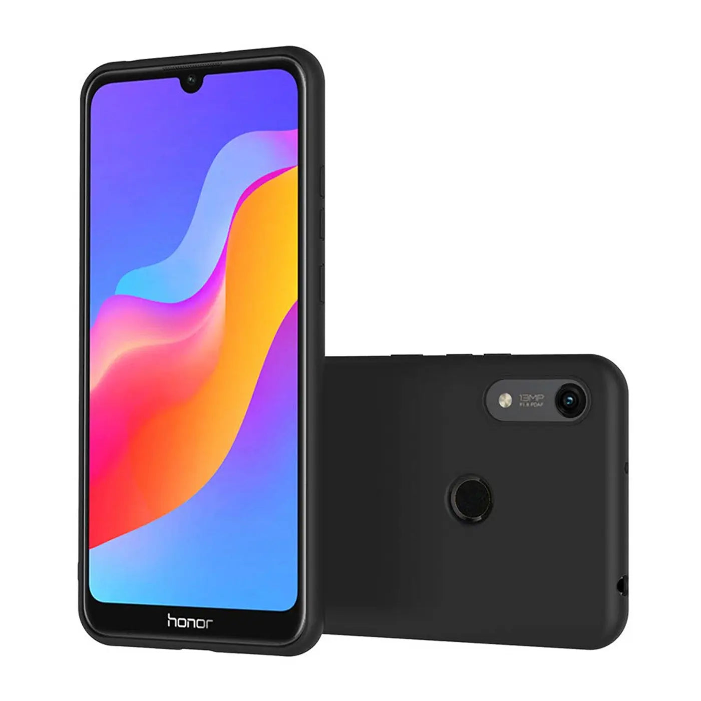 Honor 8A in schwarzer Silikonhülle, Vorder- und Rückansicht, matt.