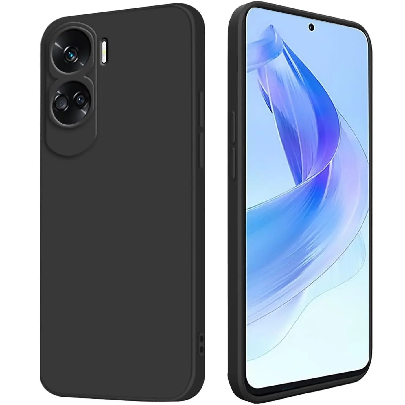 Schwarze matte Silikonhülle für Honor 90 Lite, Rückseite und Vorderseite im Profil