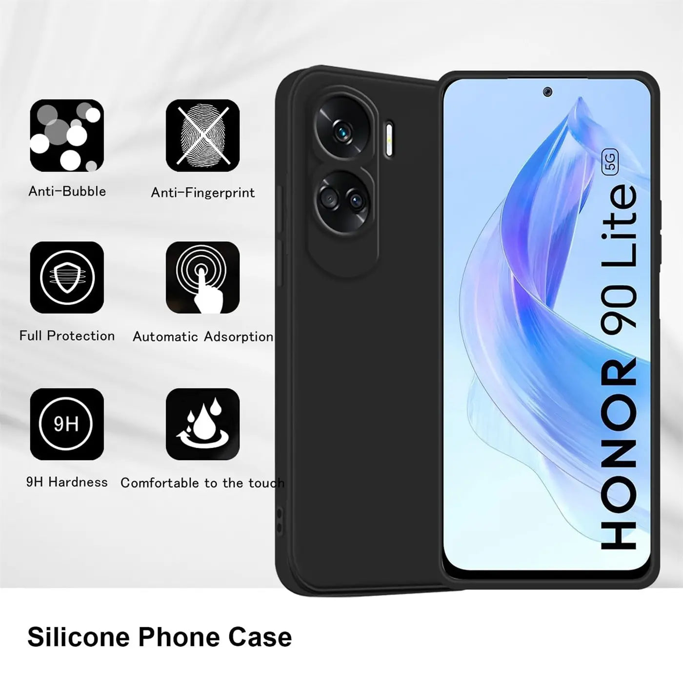 Schwarze matte Silikonhülle für Honor 90 Lite, von vorne/leicht schräg gezeigt.