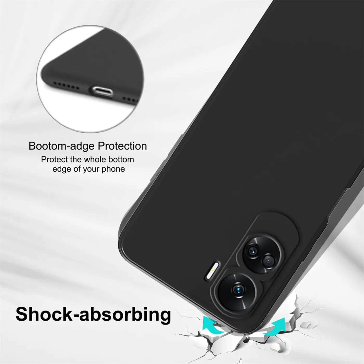 Schwarze matte Silikonhülle für Honor 90 Lite, Rückansicht, Nahaufnahme.