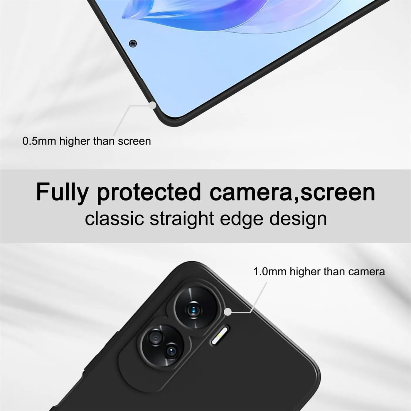 Schwarze Silikonhülle, Rückansicht, Honor 90 Lite mit Kamera- und Bildschirmschutz.