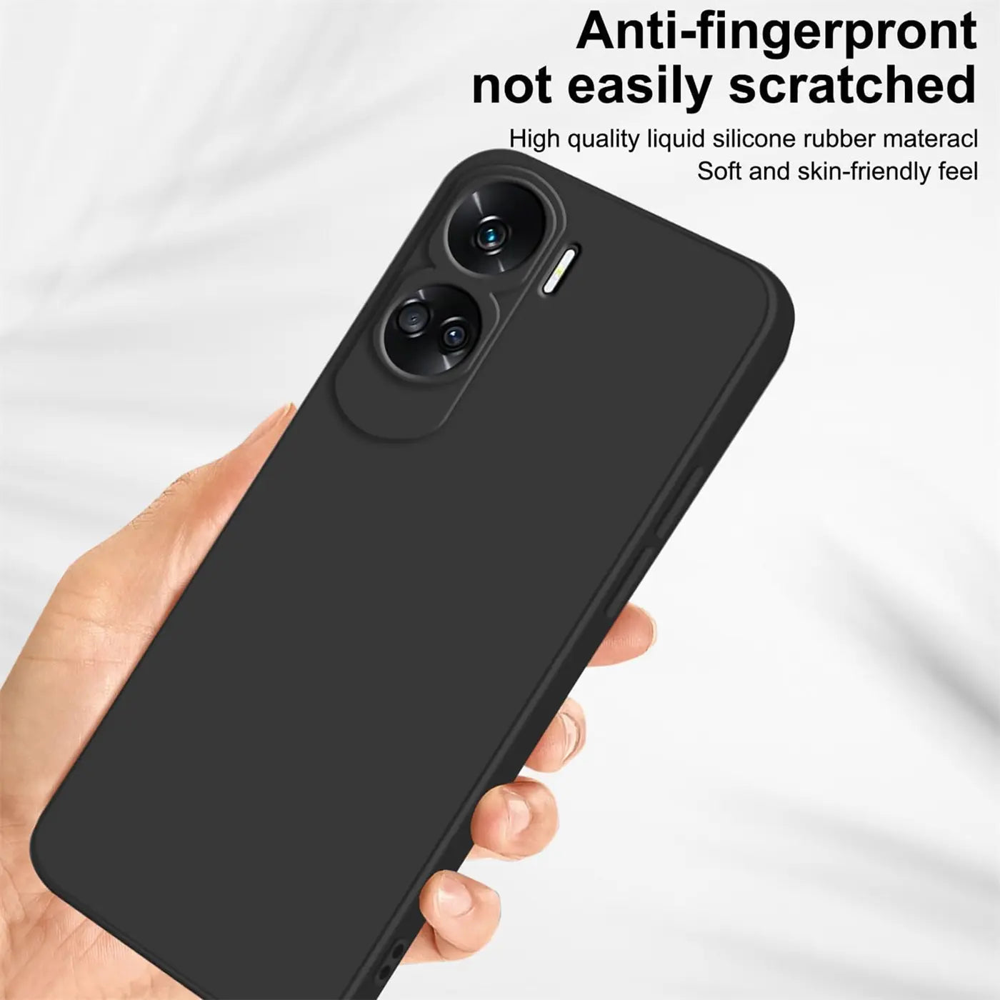 Schwarze Silikonhülle für Honor 90 Lite, von schräg oben gezeigt.