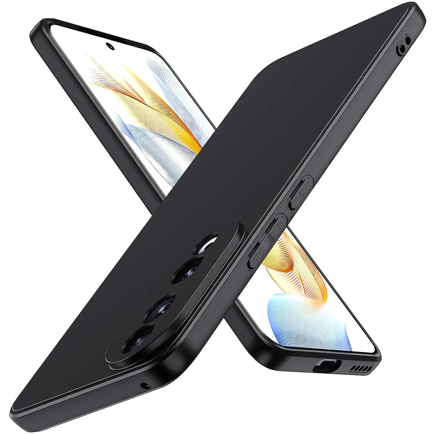 Schwarze matte Silikonhülle für Honor 90, von schräg oben fotografiert.