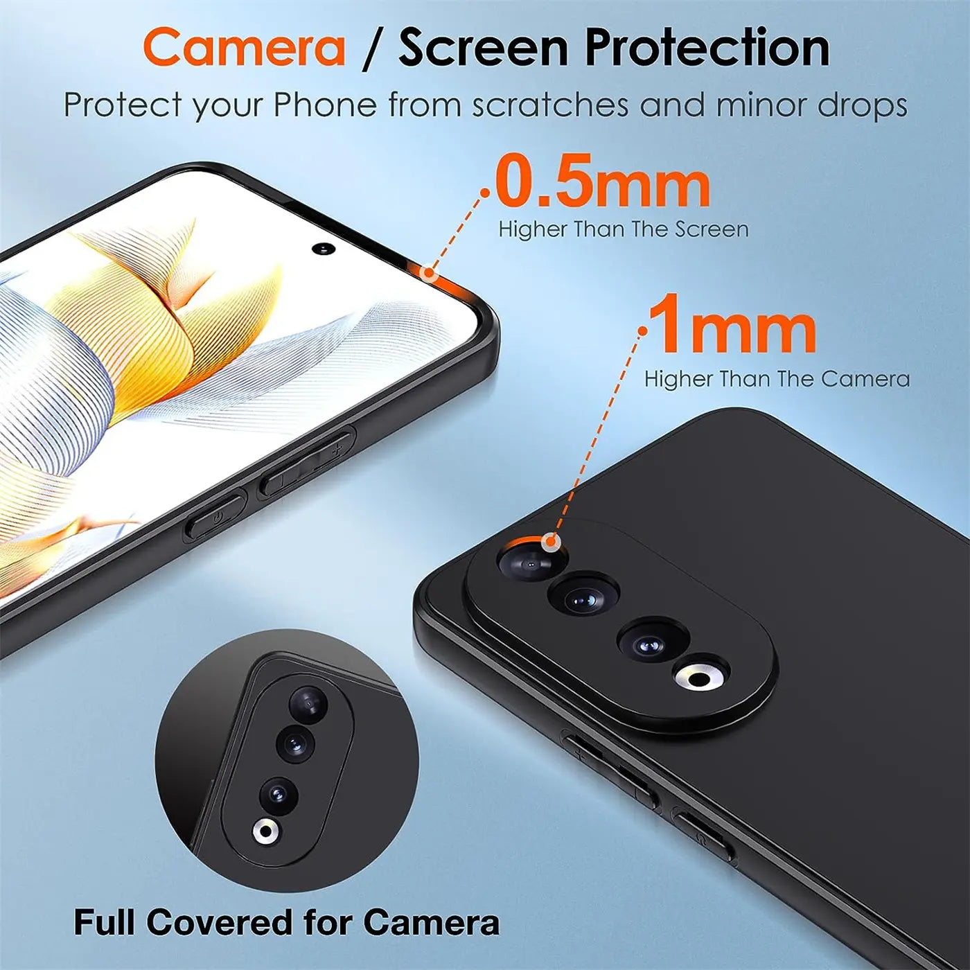 Schwarze, matte Silikonhülle für Honor 90, von oben und hinten gezeigt.