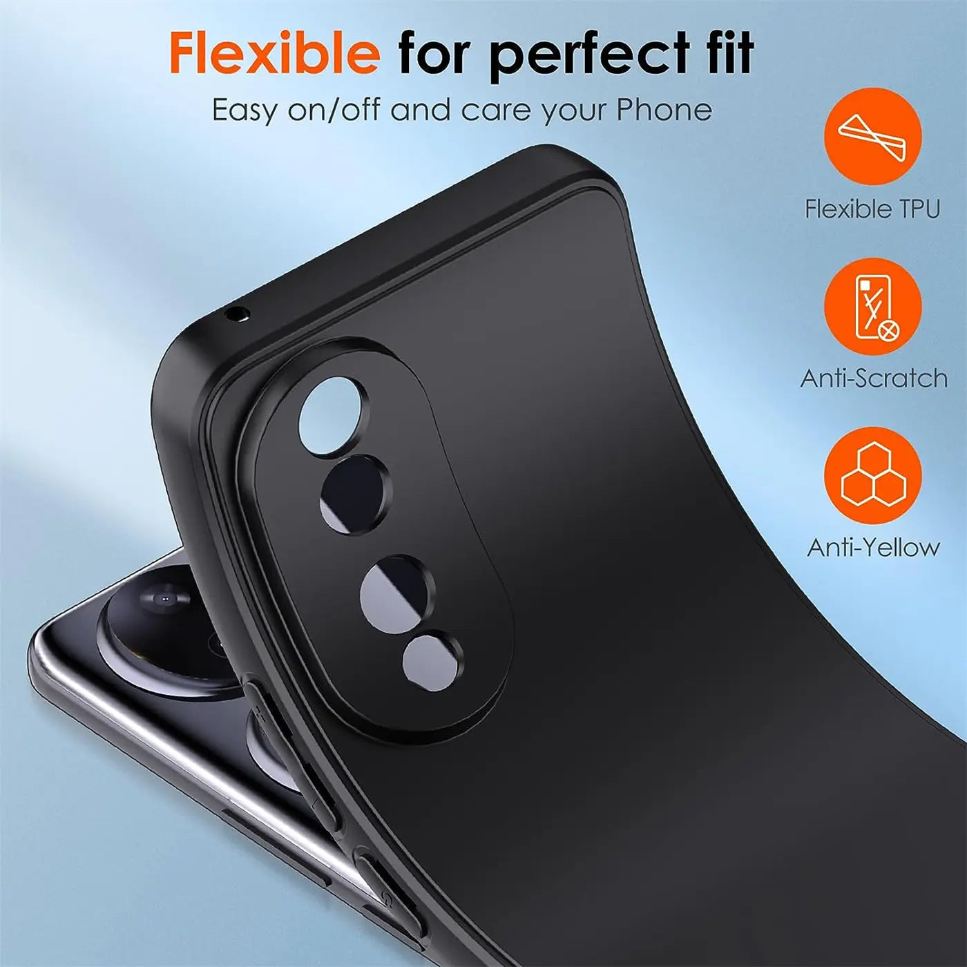 Schwarze matte Silikonhülle, Nahaufnahme, Honor 90 mit Kameraaussparung