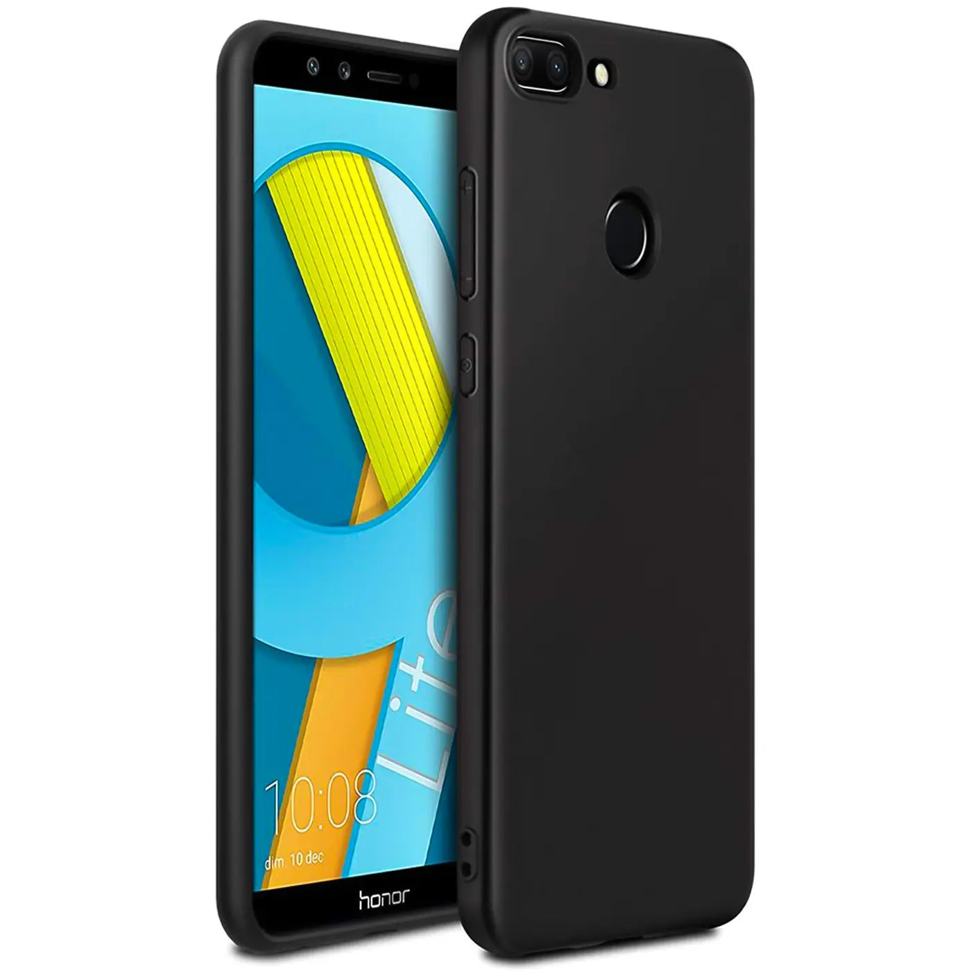 Honor 9 Lite mit schwarzer Silikonhülle, von schräg vorne, matt.