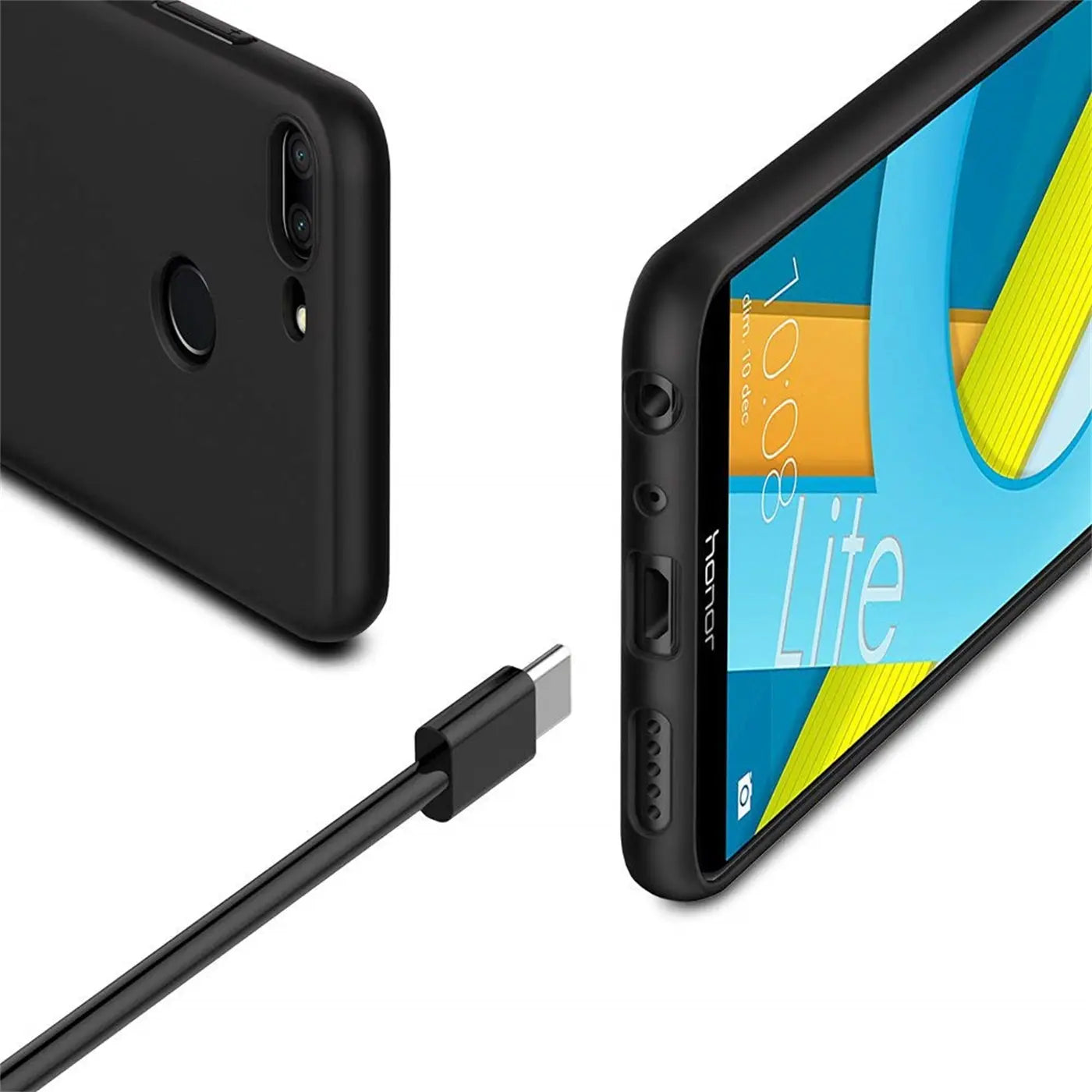 Schwarze Silikonhülle für Honor 9 Lite, von schräg oben, mit USB-C-Kabel