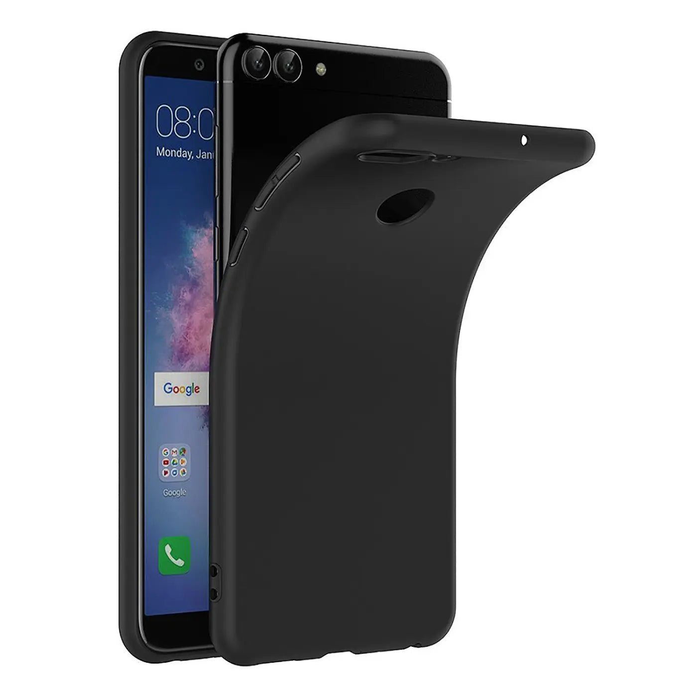 Schwarze Silikonhülle, matt, von vorne links, Honor 9 Lite.