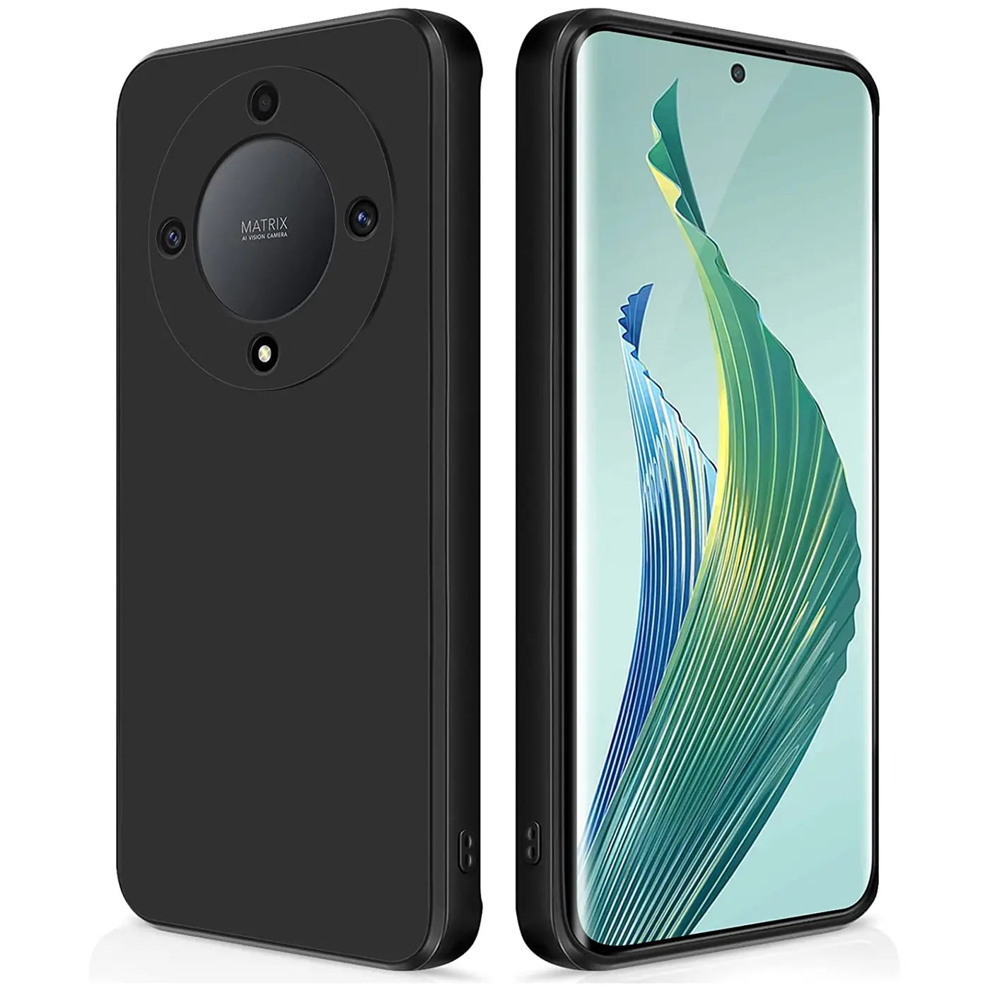 Schwarze Silikonhülle matt, Rückseite und Vorderseite Honor Magic5 Lite.