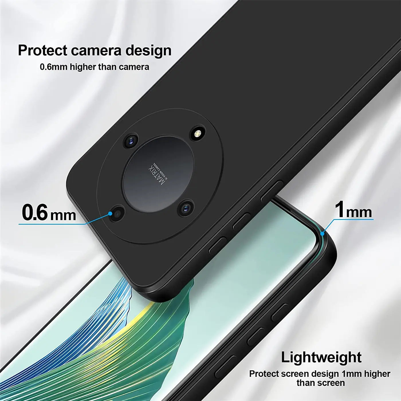 Schwarze Silikonhülle auf Honor Magic5 Lite, Nahaufnahme, Rückseite mit Kamera
