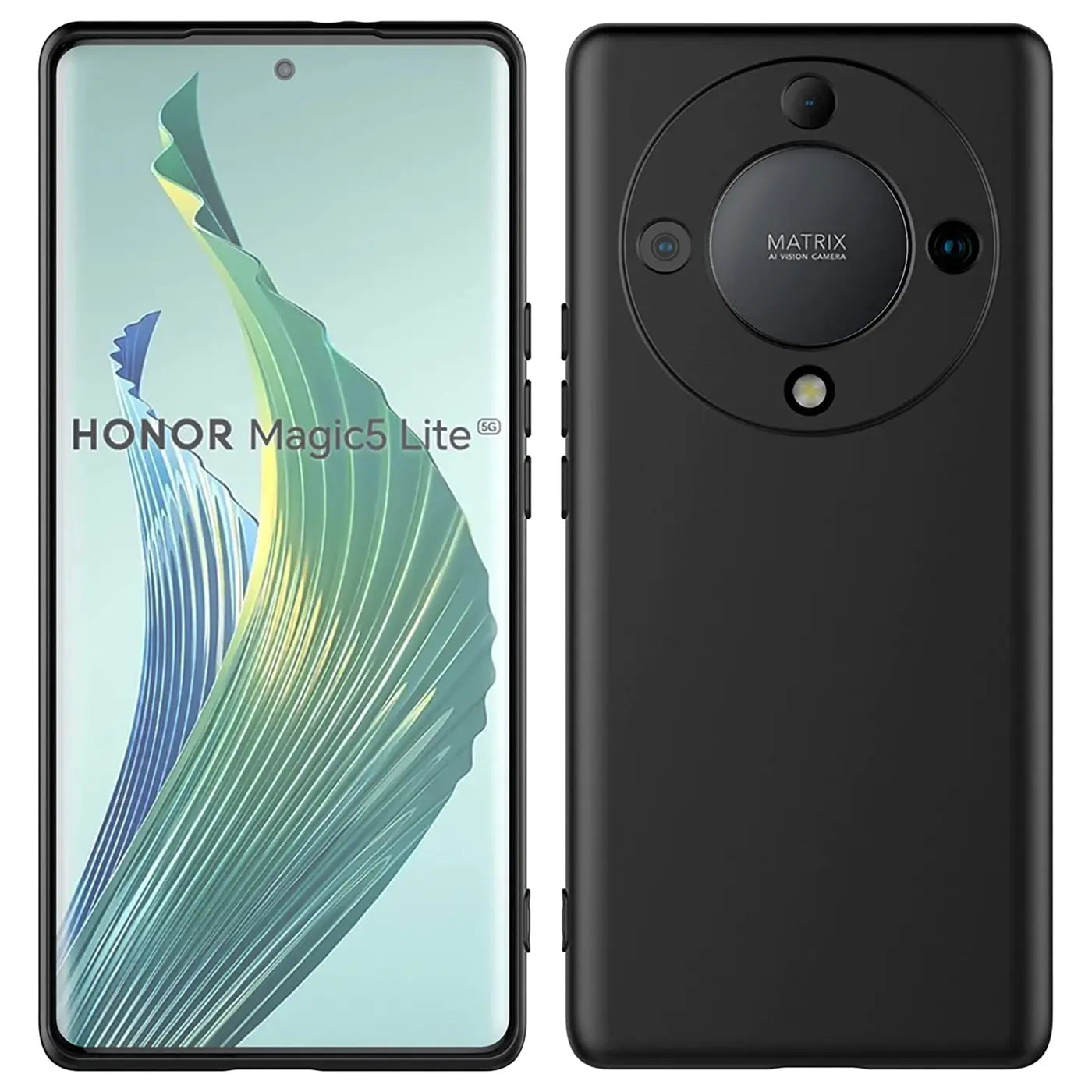 Honor Magic5 Lite: Vorder- und Rückseite des schwarzen Silikon-Handys, matt.