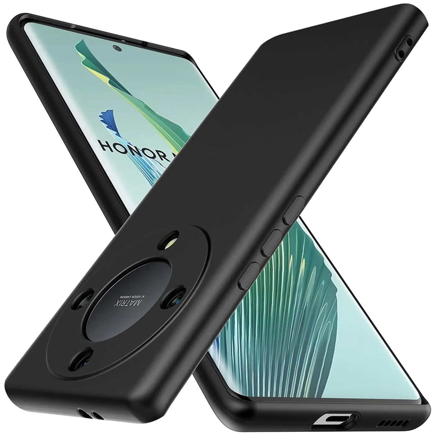 Schwarze matte Silikonhülle mit Honor Magic5 Lite, von vorne/hinten, Nahaufnahme