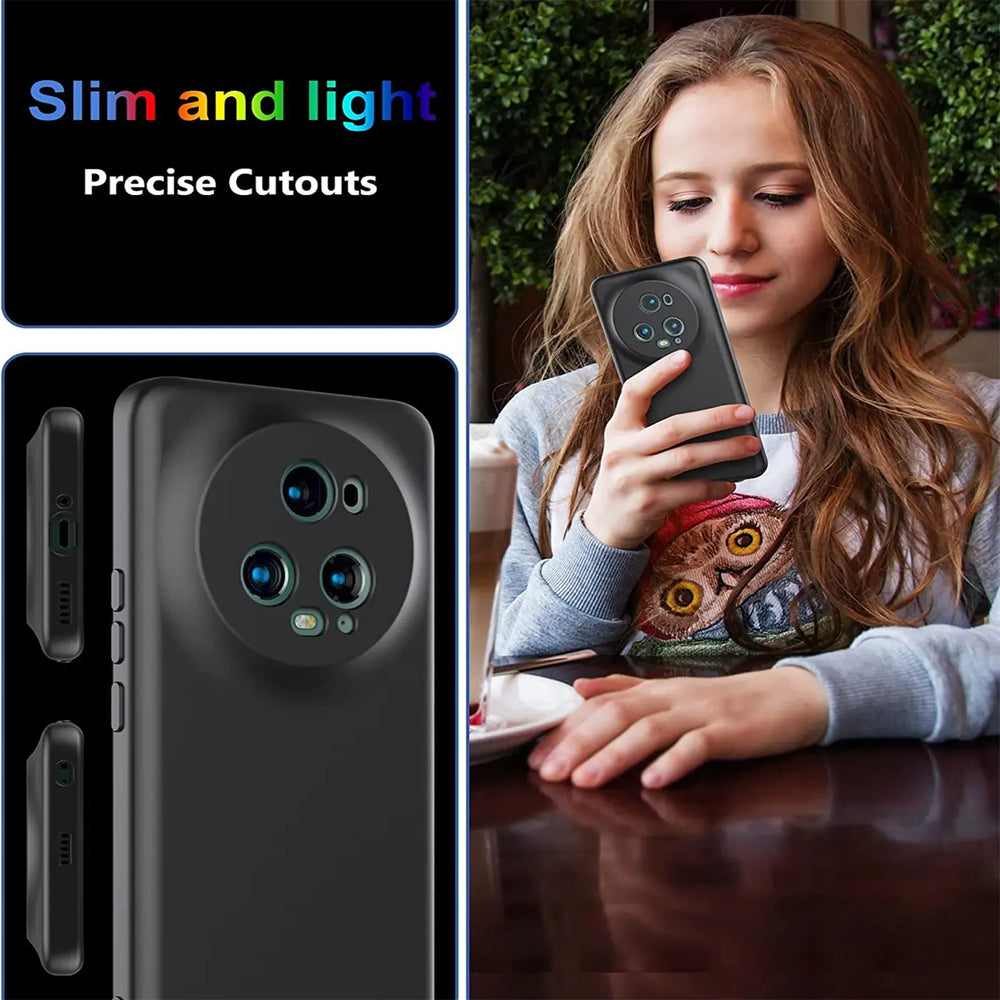 Schwarze Silikonhülle für Honor Magic5 Pro, Rückansicht, matt, von vorne und Seite
