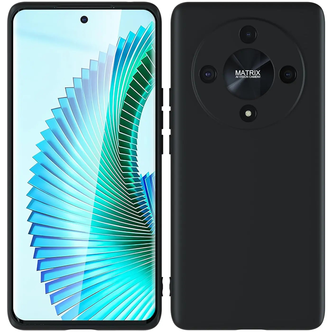 Schwarze matte Silikonhülle, Rückansicht mit Kamera, Honor Magic 6 Lite.