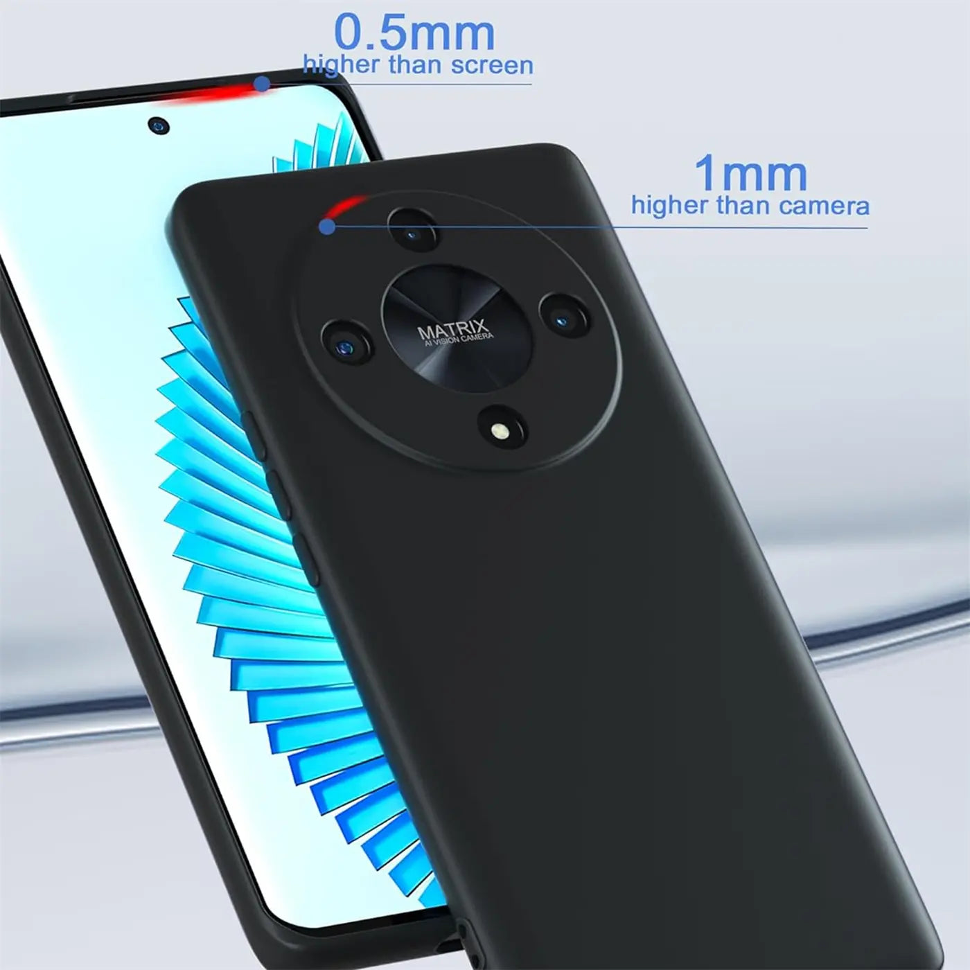 Schwarze matte Silikonhülle auf Honor Magic 6 Lite, Rückansicht, Nahaufnahme.
