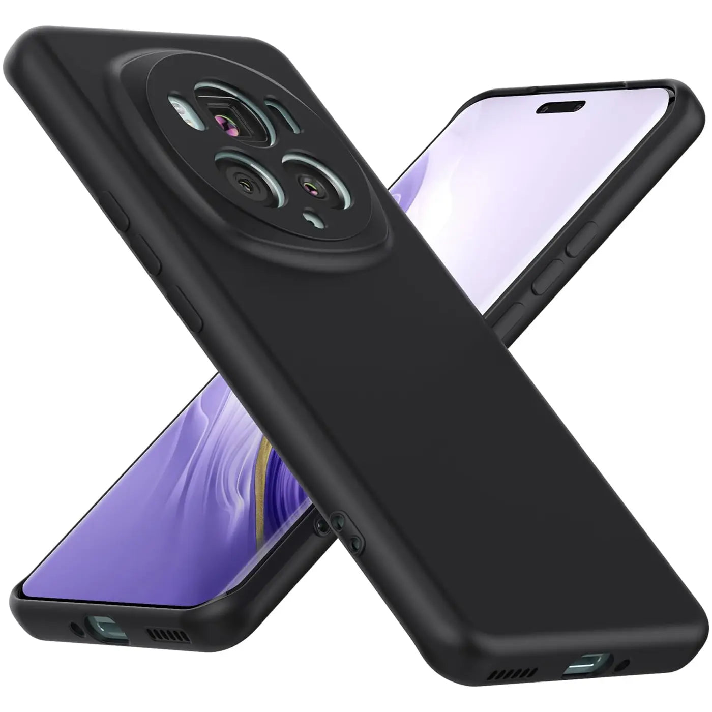 Schwarze matte Silikonhülle für Honor Magic 6 Pro, von schräg oben, Rückseite und Vorderseite sichtbar.