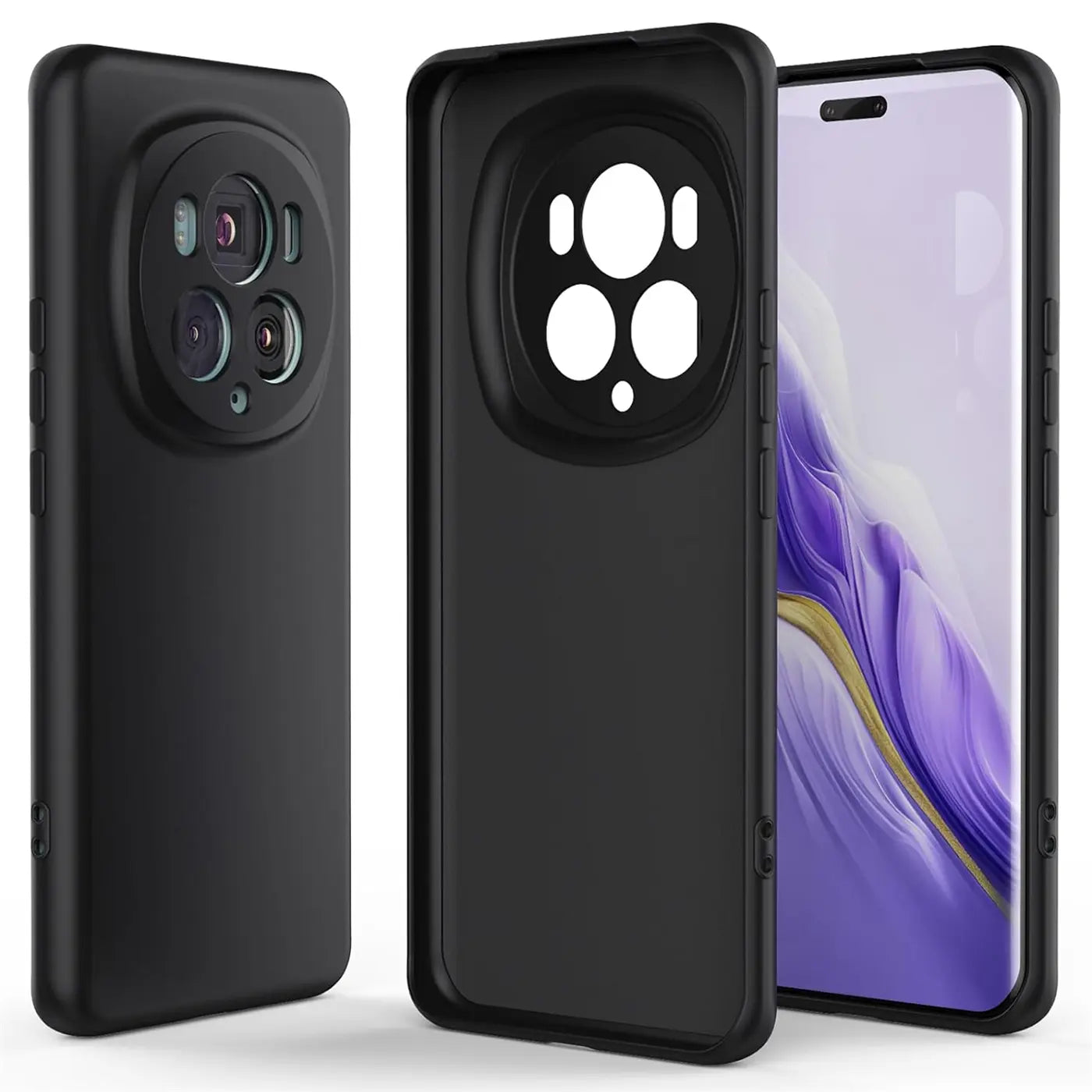 Schwarze Silikonhülle, matt, von vorne und hinten, mit Honor Magic 6 Pro.