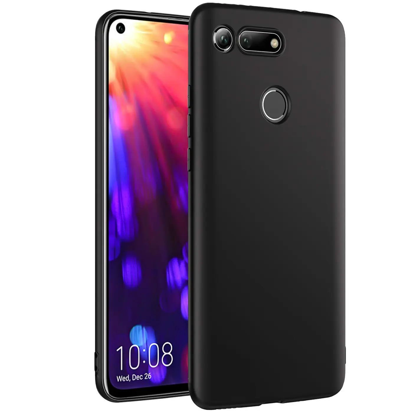 Schwarze Silikonhülle, matt, von vorne links, Honor View 20 mit Display.