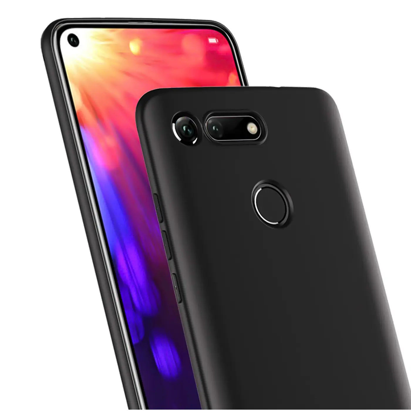 Schwarze matte Silikonhülle auf Honor View 20, Rückansicht, leicht schräg.