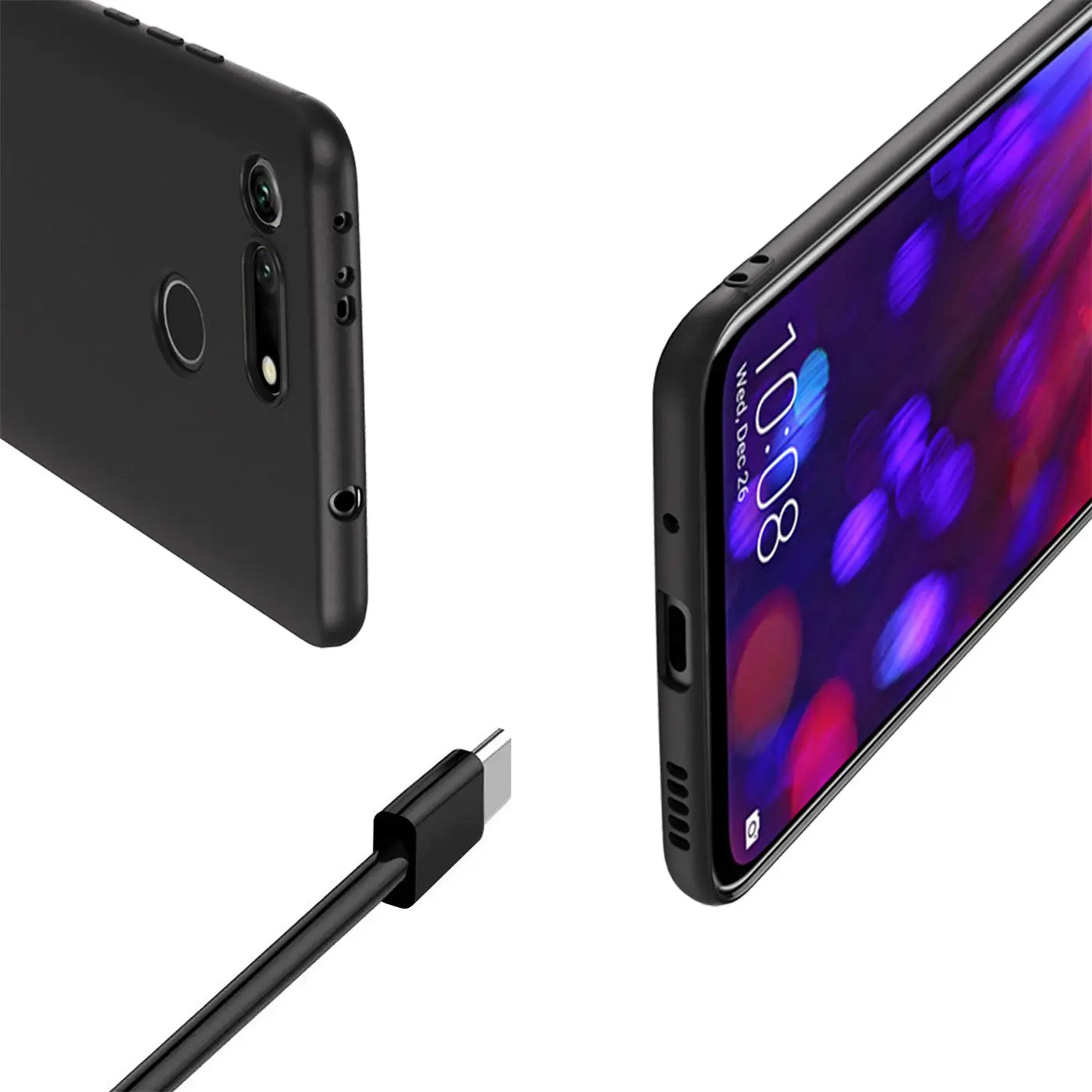 Schwarze Silikonhülle, matt, von hinten und von der Seite, Honor View 20, USB-C-Kabel