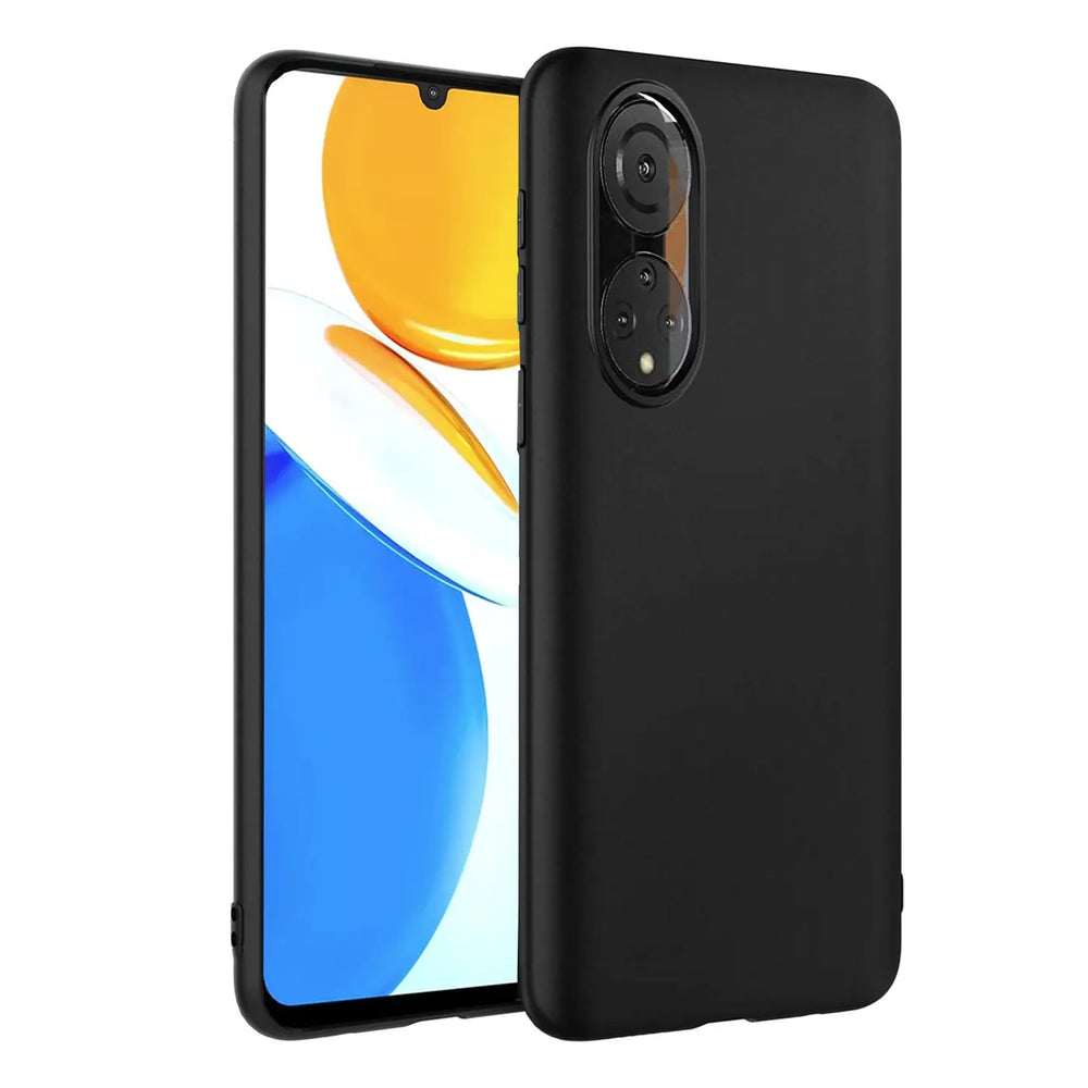 Schwarze Silikonhülle matt auf Honor X7, Seitenansicht.