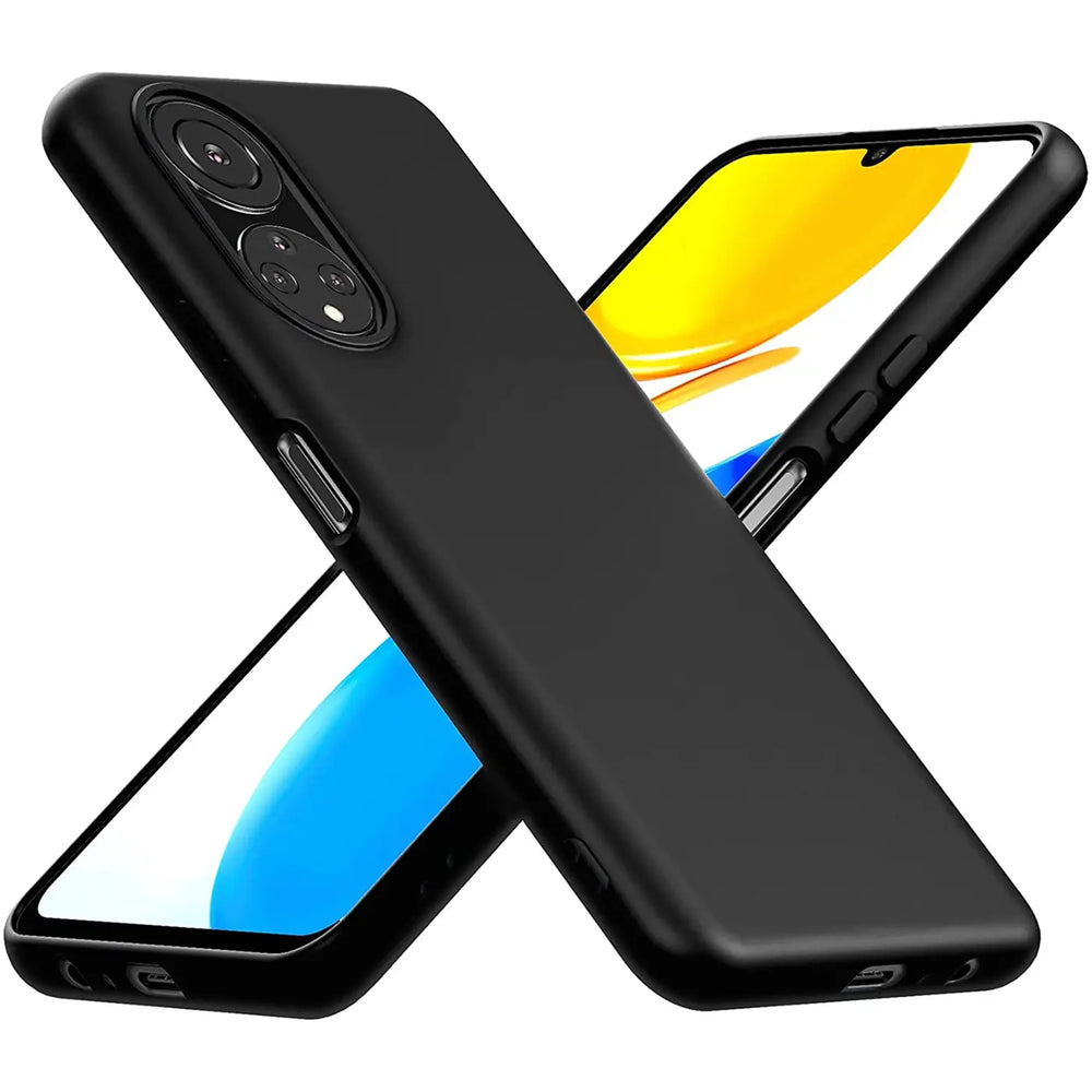 Schwarze Silikonhülle für Honor X7, matt, von vorne schräg gezeigt.