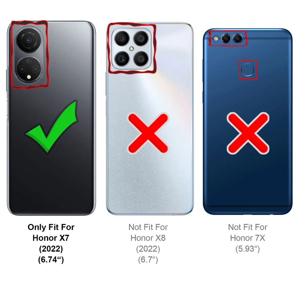 Honor X7 (2022) mit zwei Kameras, Rückansicht, schwarz, Silikon, mit Haken.