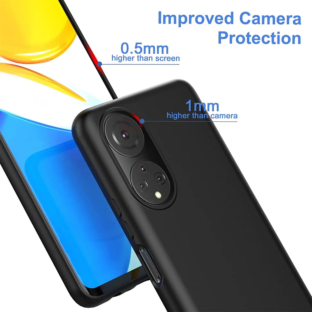 Schwarze Silikonhülle für Honor X7, von hinten, erhöhter Kamerarahmen.