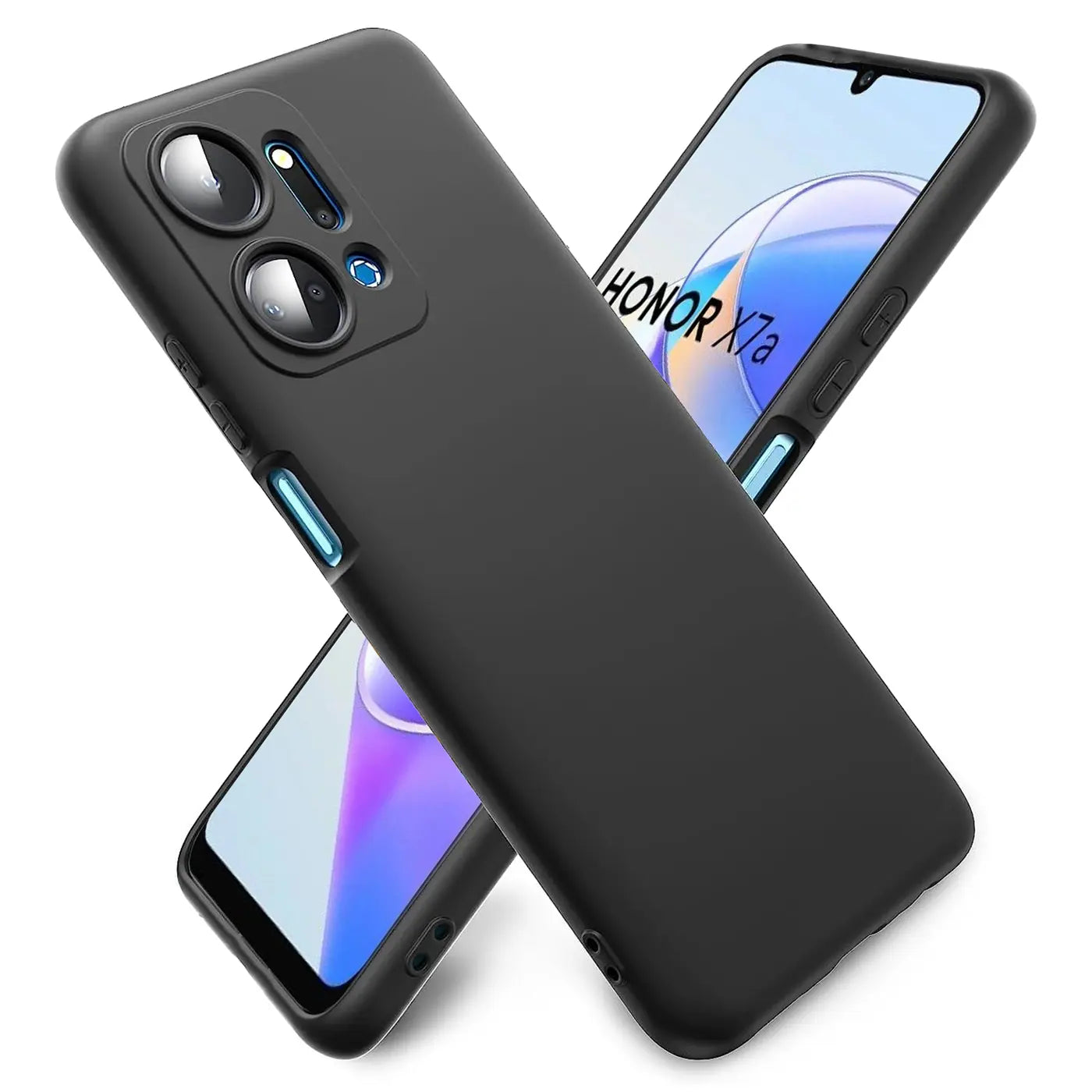 Schwarze matte Silikonhülle für Honor X7a, von schräg oben, mit dem Gerät im Hintergrund.